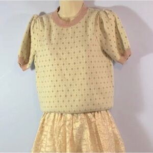 Knit mix girly Preppy puff short sleeve mini diamond pattern medium cream pink M